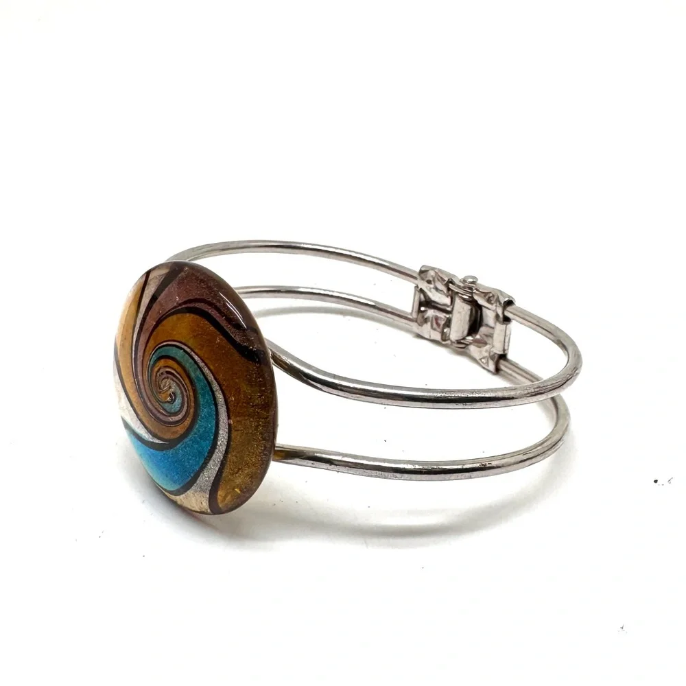 Vintage Dichroic Art Glass Silvertone Hinged Bangle Clamper Bracelet